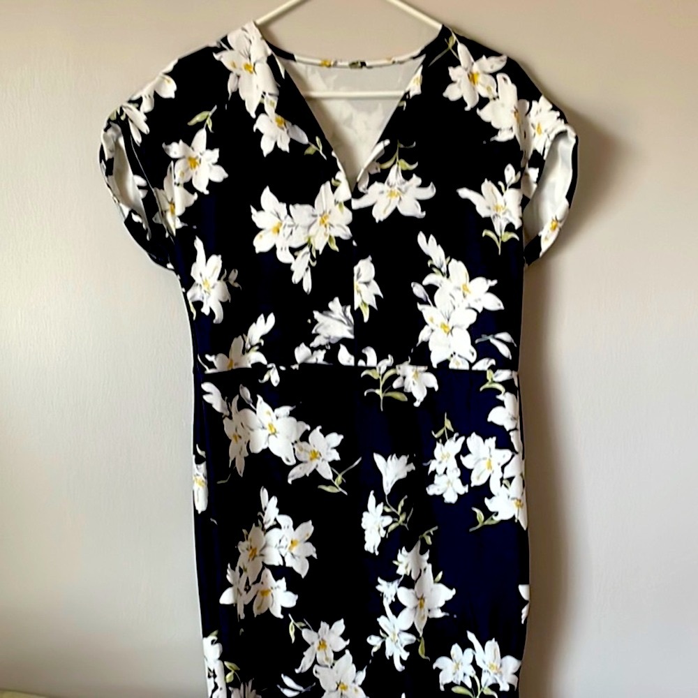 Black and White V-Neck Midi Dress with Short Sleeves